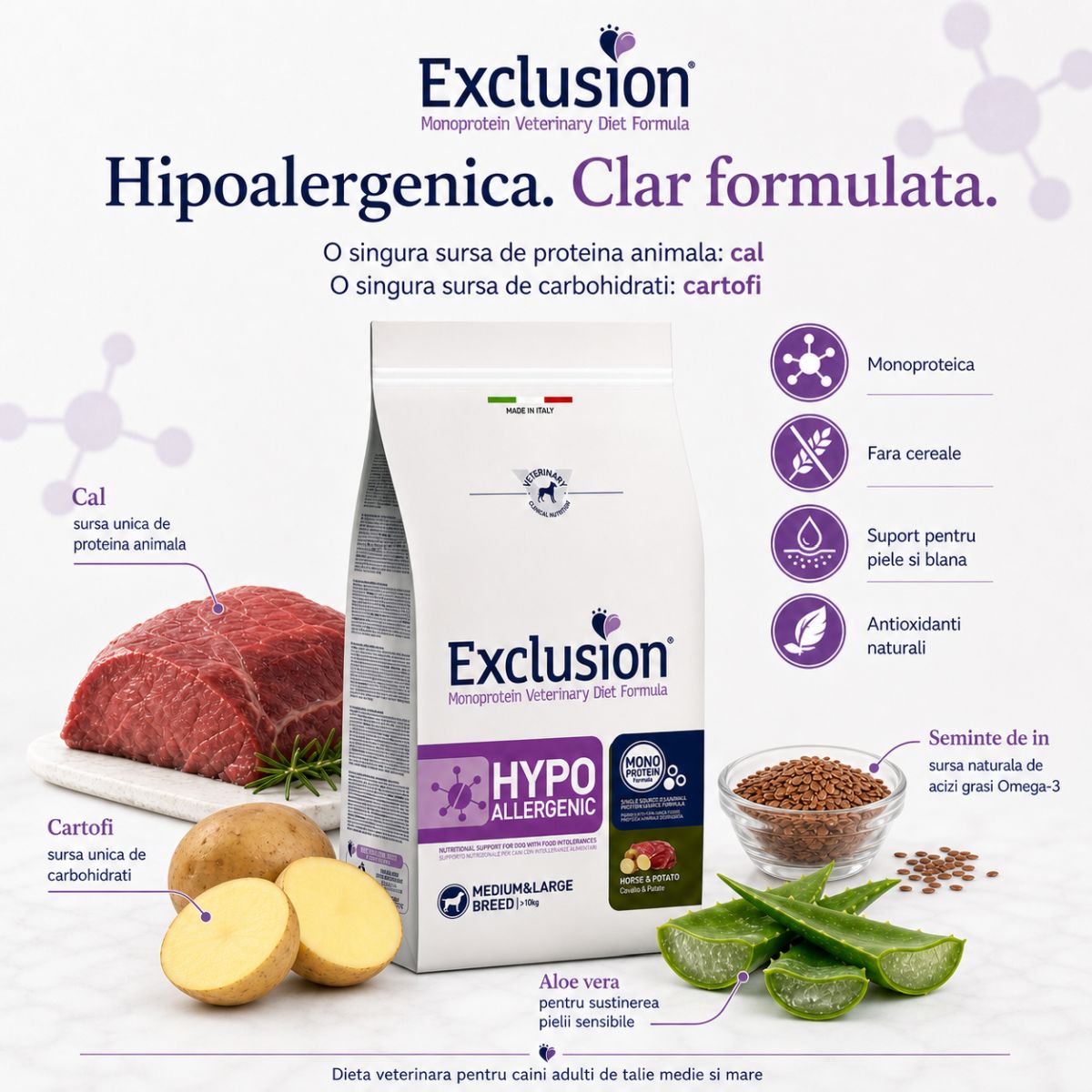 EXCLUSION Monoprotein VD Hypoallergenic Medium&Large, M-XL, Cal și Cartofi, dietă veterinară, hrană uscată fără cereale câini, alergii, 12kg - imagine 4